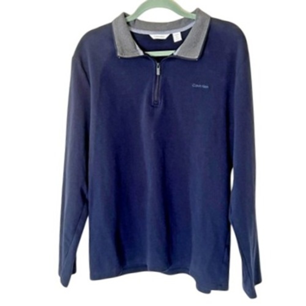 Calvin Klein Mens XL Long Sleeve 1/4 Zip Pullover Navy Blue Gray Trim‎ Casual